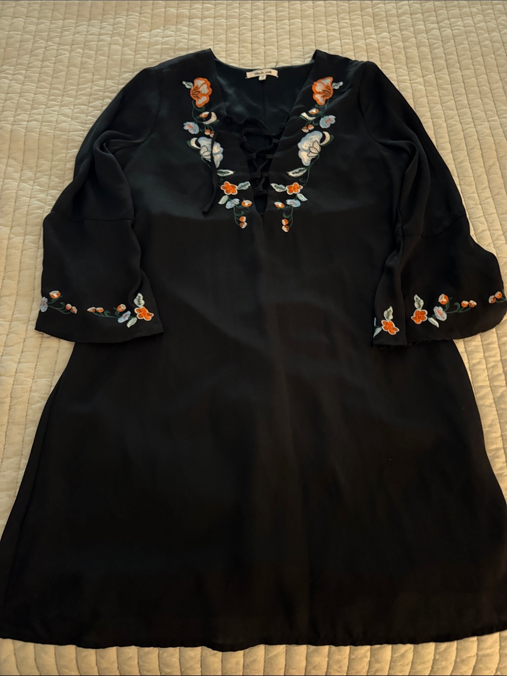 Black Floral Embroidered V-Neck lace up mini Dress bell sleeves